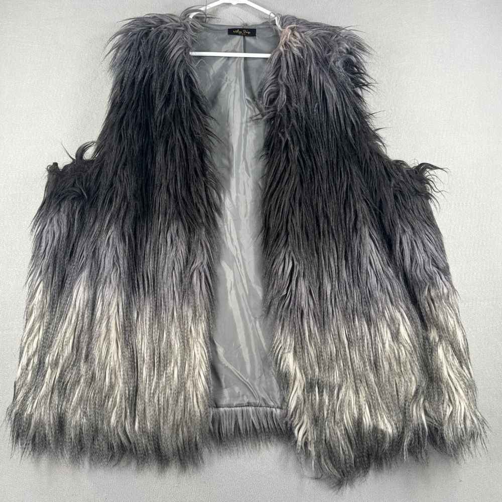 Melissa Paige Womens Faux Fur Ombre Vest Grey Sleeveless Open Front Shaggy L/XL